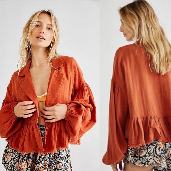 Free People Jackets & Blazers - NWT Free People Size XS Lyra Tiered Bed Jacket Gauzey Rust Orange